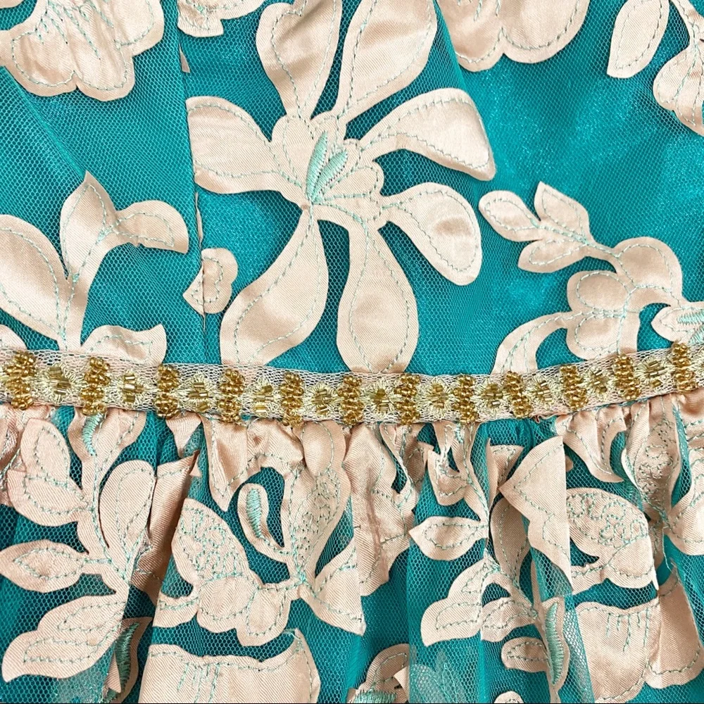 Minuet | Teal Cream Rose Gold Embroidered Lace Mesh Strapless Cocktail Dress
